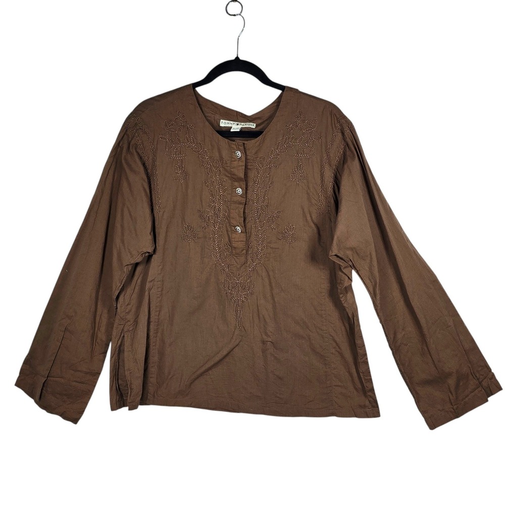 Tommy Hilfiger Womens XL Brown Embroidered Cotton Long‎ Sleeve Boho Blouse Top
